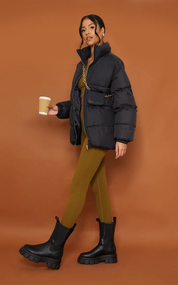 Tall Black Soft Touch Nylon Padded Panel Longline Puffer sold by Pretty Little Thing product image thumbnail 3