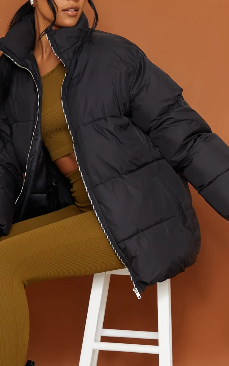 Tall Black Soft Touch Nylon Padded Panel Longline Puffer sold by Pretty Little Thing product image thumbnail 4