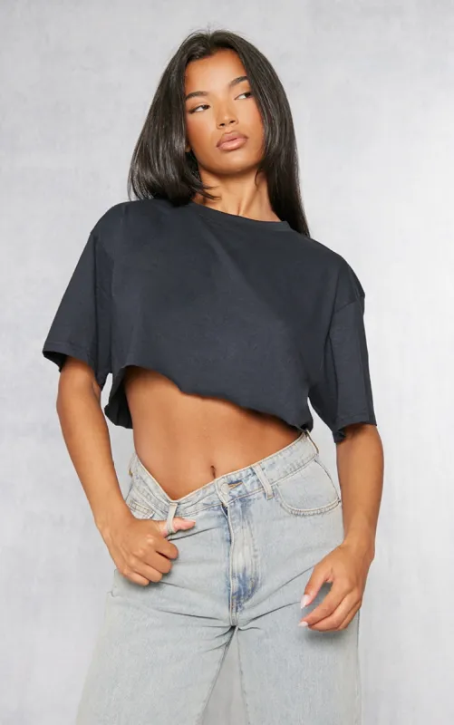 Cotton Black Oversized Crop T-Shirt sold by Pretty Little Thing