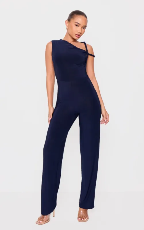 Petite Navy Slinky Twist Shoulder Wide Leg Jumpsuit sold by Pretty Little Thing