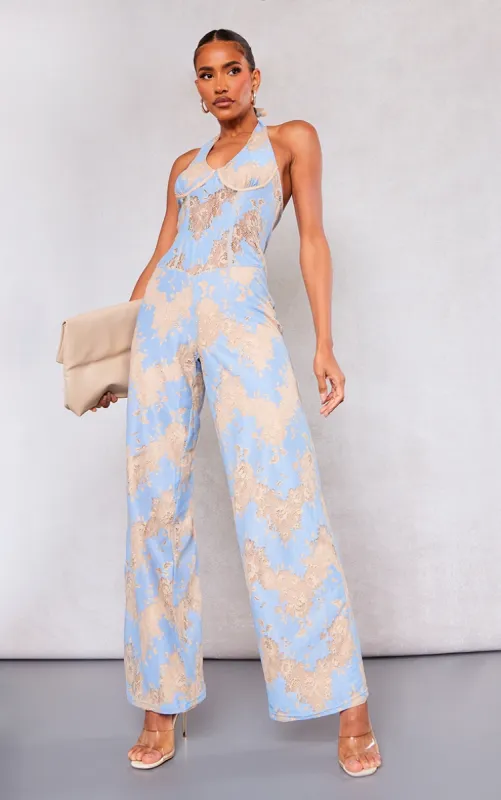 Blue Lace Underwired Corset Halter Jumpsuit sold by Pretty Little Thing