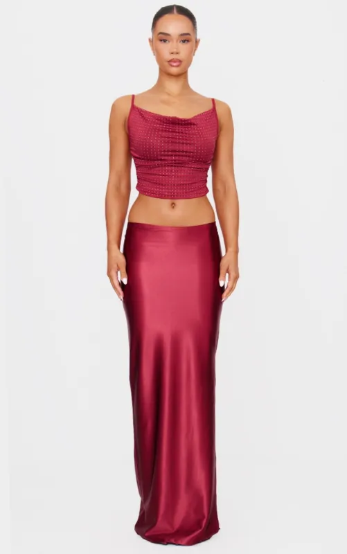 Burgundy Stretch Satin Split Side Maxi Skirt sold by Pretty Little Thing