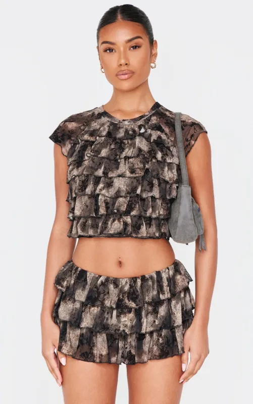 Charcoal Grey Devore Mesh Ruffle Top made by Pretty Little Thing