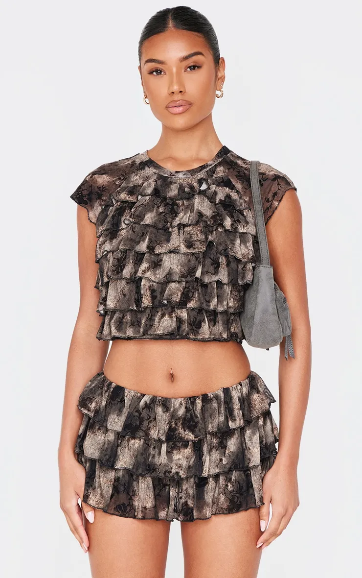 Charcoal Grey Devore Mesh Ruffle Top sold by Pretty Little Thing