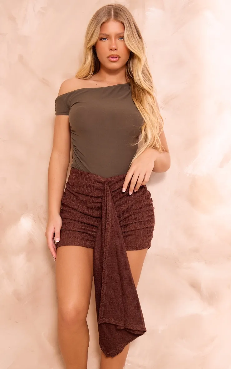 Chocolate Textured Rib Drape Front Ruched Mini Skirt sold by Pretty Little Thing product image thumbnail 4