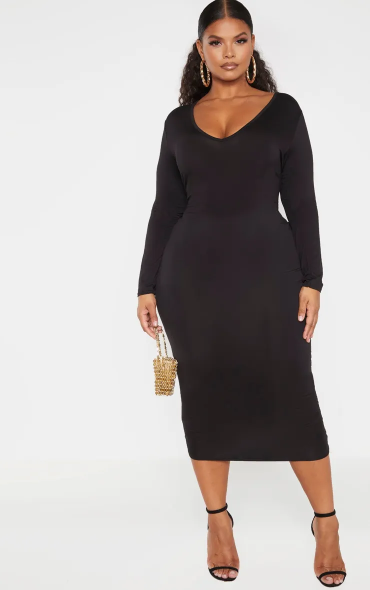 Plus Black Jersey V Neck Long Sleeve Midi Dress sold by Pretty Little Thing