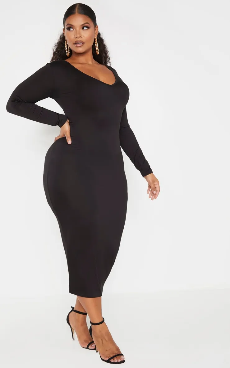Plus Black Jersey V Neck Long Sleeve Midi Dress sold by Pretty Little Thing product image thumbnail 4