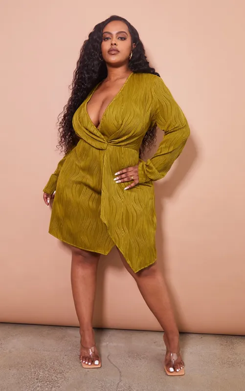 Plus Olive Plisse Wrap Front Dress sold by Pretty Little Thing