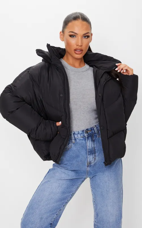 Black Nylon Oversized Curved Panel Wadded Puffer Jacket sold by Pretty Little Thing