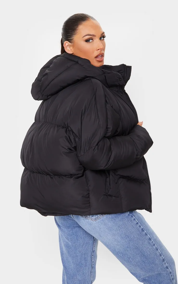 Black Nylon Oversized Curved Panel Wadded Puffer Jacket sold by Pretty Little Thing product image thumbnail 2