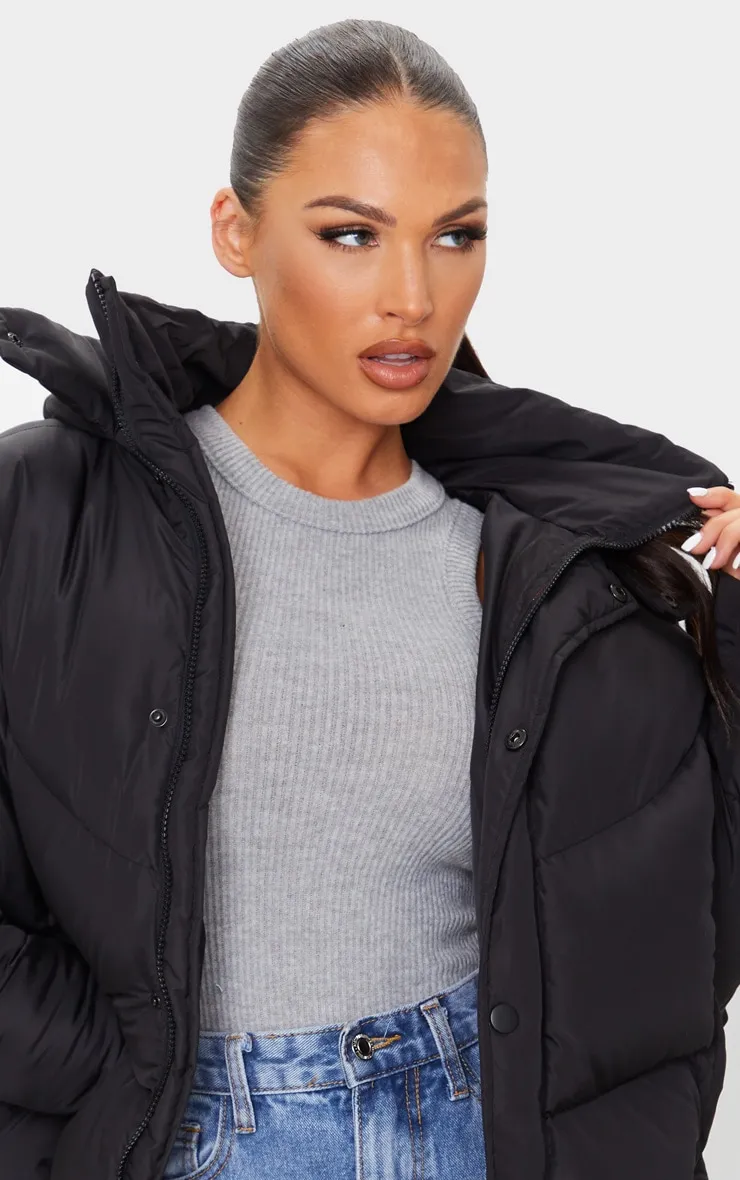 Black Nylon Oversized Curved Panel Wadded Puffer Jacket sold by Pretty Little Thing product image thumbnail 4