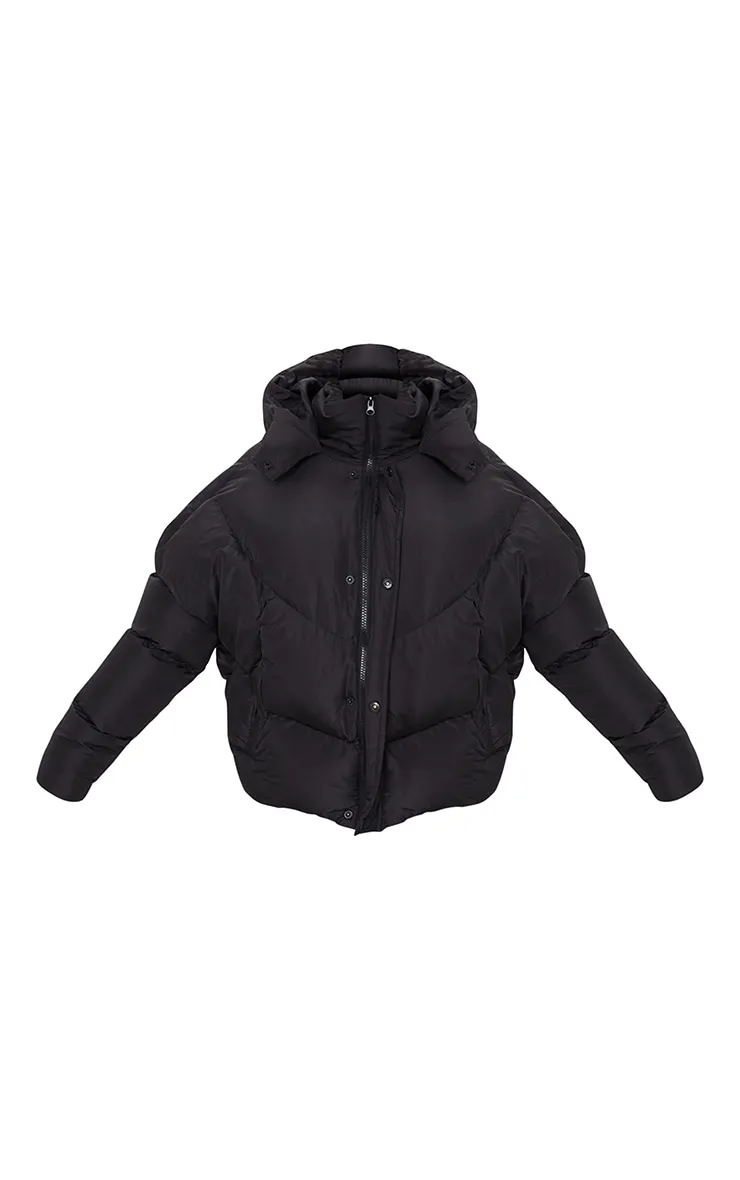 Black Nylon Oversized Curved Panel Wadded Puffer Jacket sold by Pretty Little Thing product image thumbnail 5