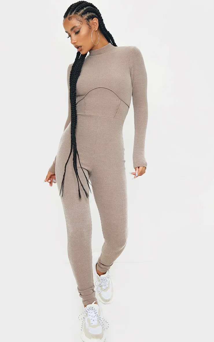 Stone Soft Rib Binding Detail High Neck Jumpsuit sold by Pretty Little Thing