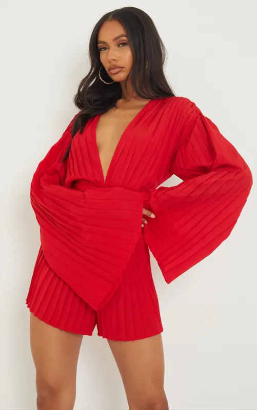 Red Plunge Pleated Playsuit sold by Pretty Little Thing