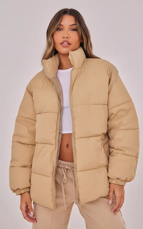 Stone Soft Touch Nylon Padded Panel Longline Puffer made by Pretty Little Thing