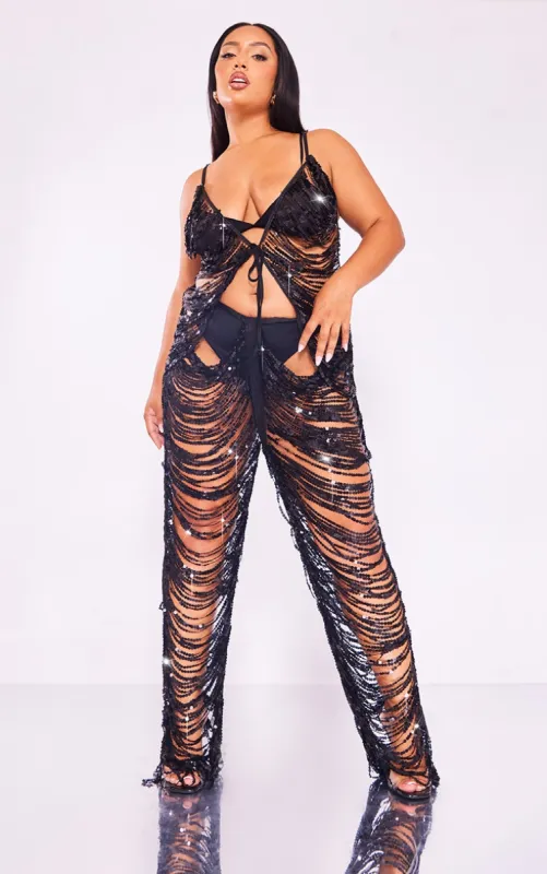 Premium Plus Black Sequin Low Rise Trousers sold by Pretty Little Thing