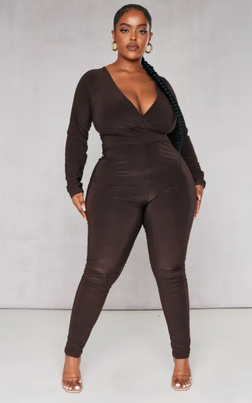 Plus Chocolate Wrap Front Longsleeve Catsuit sold by Pretty Little Thing