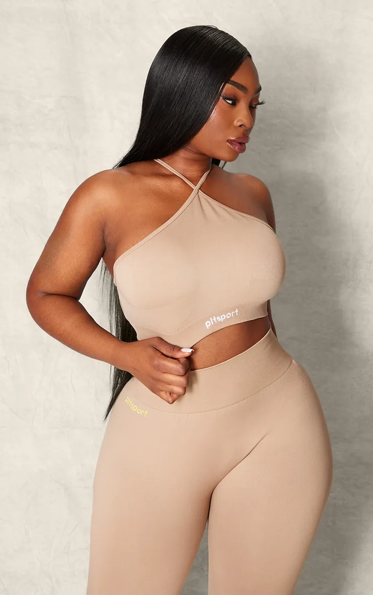 PLT SPORT Plus Light Mocha Seamless Halterneck Open Back Sports Bra sold by Pretty Little Thing product image thumbnail 2