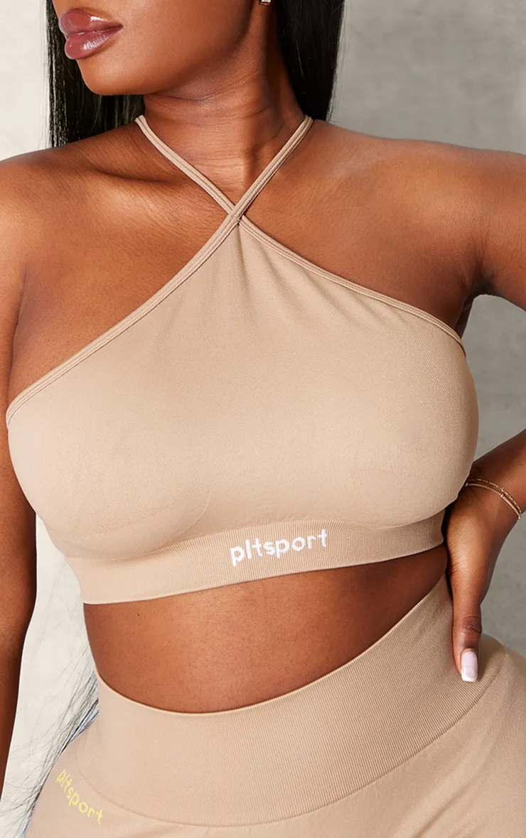 PLT SPORT Plus Light Mocha Seamless Halterneck Open Back Sports Bra sold by Pretty Little Thing product image thumbnail 4