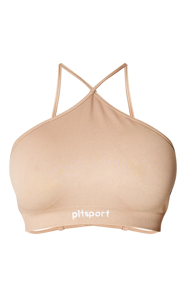 PLT SPORT Plus Light Mocha Seamless Halterneck Open Back Sports Bra sold by Pretty Little Thing product image thumbnail 5