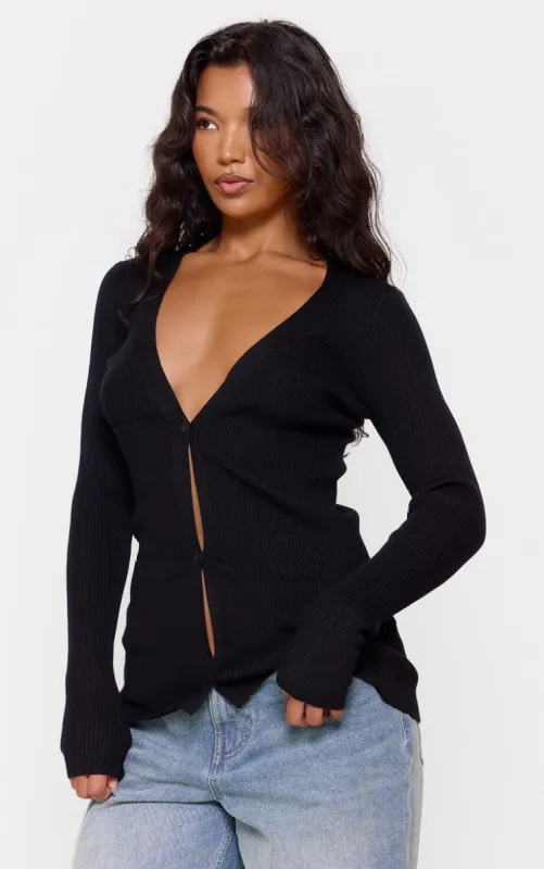 Black Knitted Ribbed Long Sleeve Cardigan sold by Pretty Little Thing