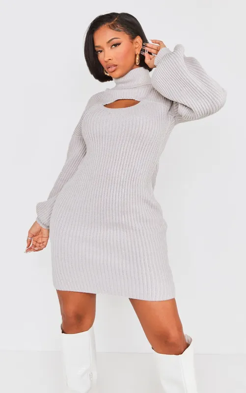 Shape Light Grey 2 In 1 High Neck Balloon Sleeve Bodycon Jumper Dress sold by Pretty Little Thing