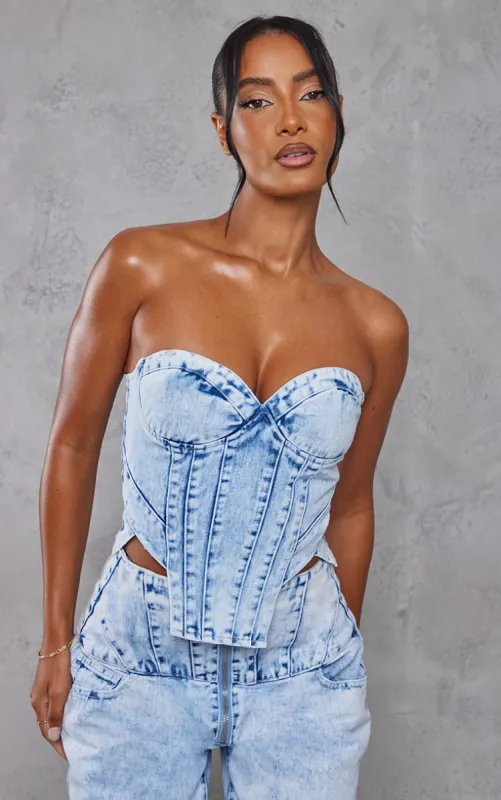Light Blue Acid Wash Seam Detail Corset Denim Top sold by Pretty Little Thing