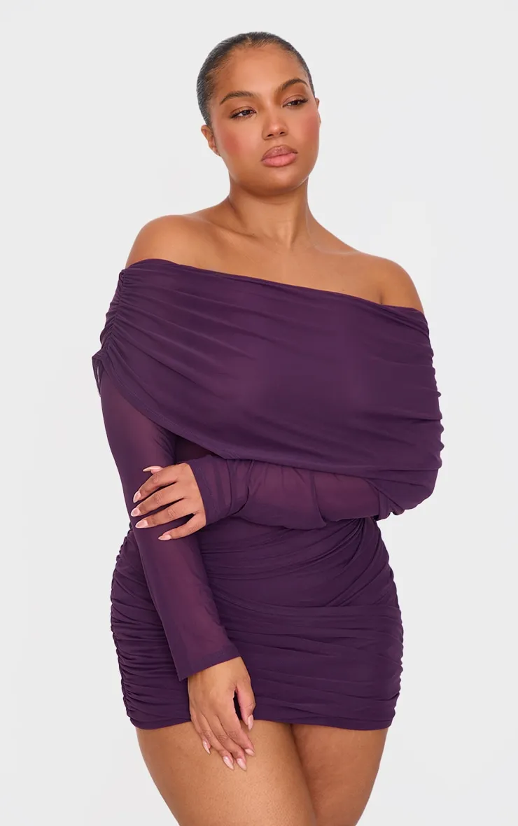Purple Mesh Long Sleeve One Shoulder Bodycon Dress sold by Pretty Little Thing product image thumbnail 3