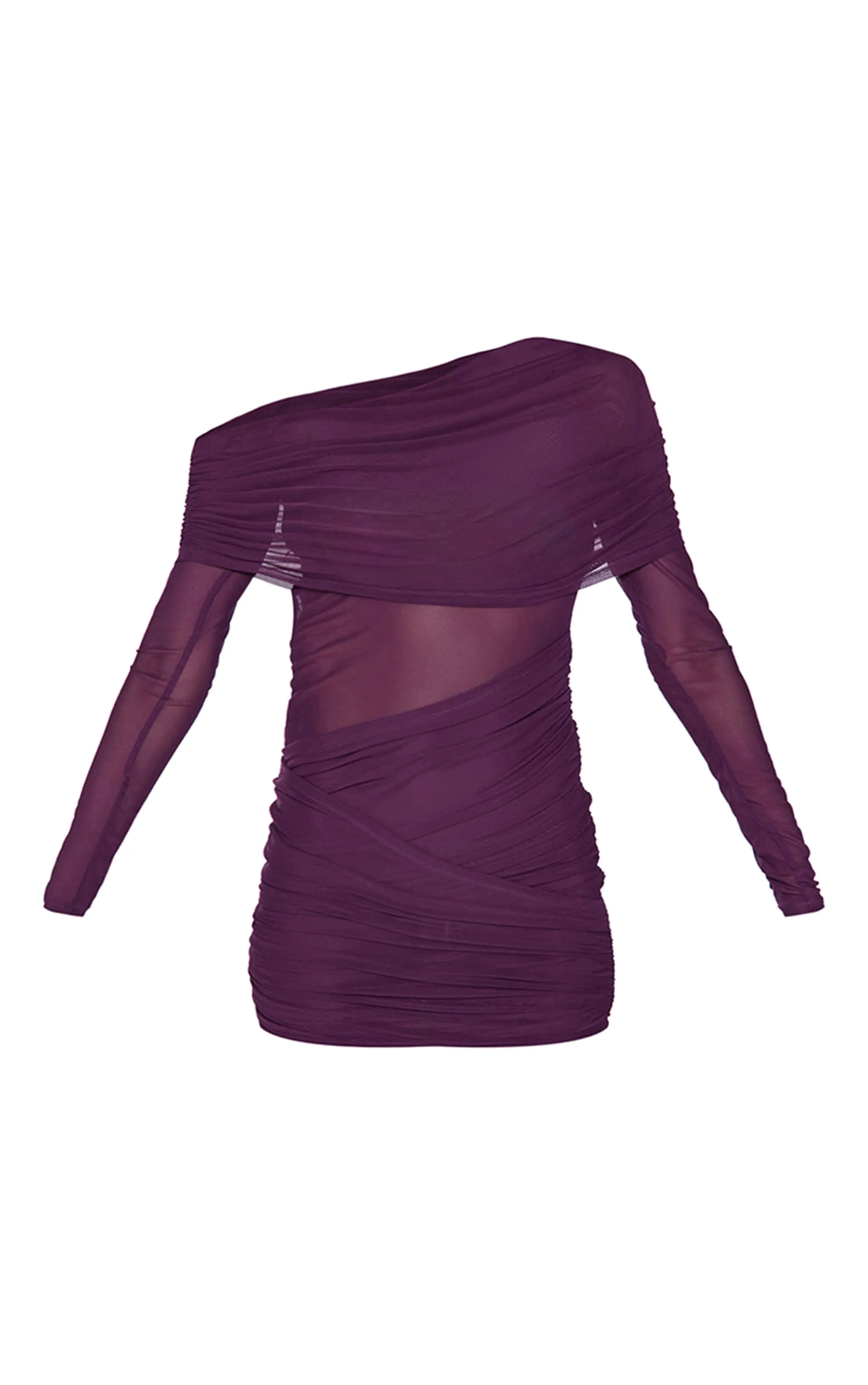 Purple Mesh Long Sleeve One Shoulder Bodycon Dress sold by Pretty Little Thing product image thumbnail 5