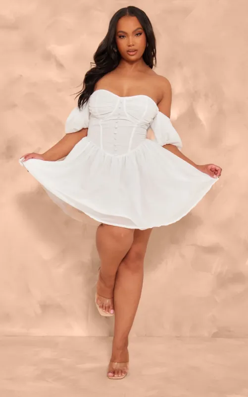 Plus White Button Front Bardot Sleeve Mini Dress made by Pretty Little Thing