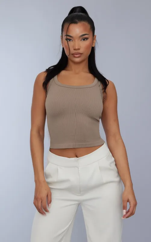 Coffee Contour Rib Scoop Vest sold by Pretty Little Thing