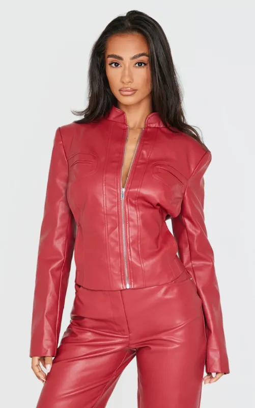 Petite Dark Red Faux Leather Fitted Seam Detail Jacket made by Pretty Little Thing