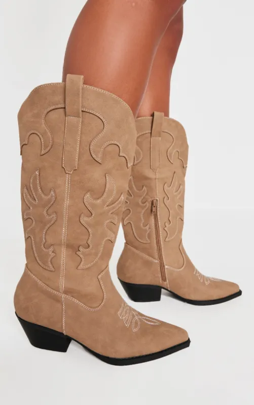 Stone Faux Suede Point Toe Low Block Heel Stitched Western Boots sold by Pretty Little Thing