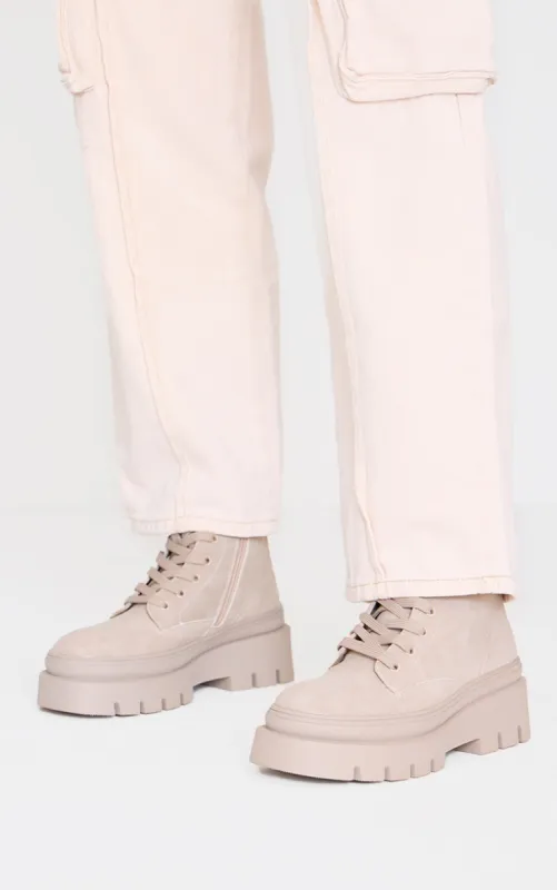 Beige Round Toe Chunky Sole Biker Boots sold by Pretty Little Thing