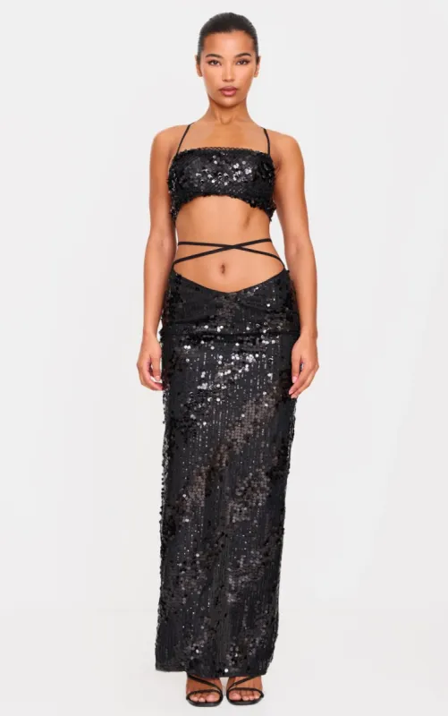 Black Sequin Low Rise Split Leg Maxi Skirt sold by Pretty Little Thing