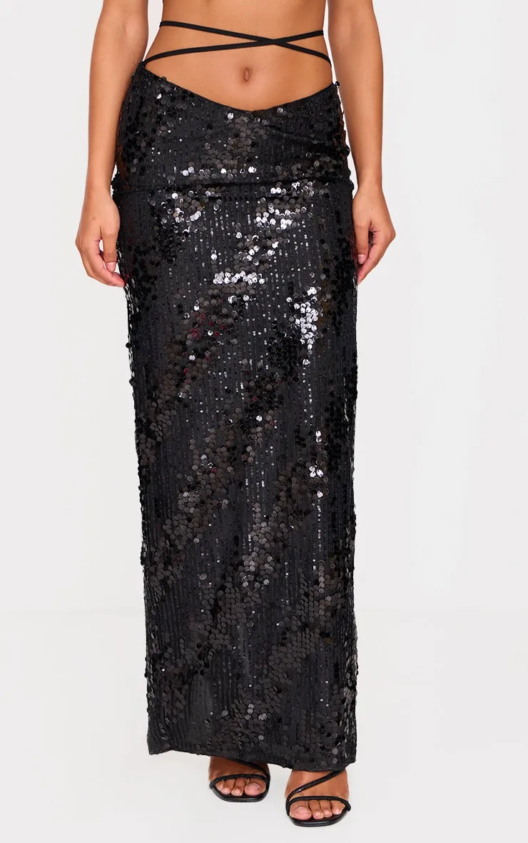 Black Sequin Low Rise Split Leg Maxi Skirt sold by Pretty Little Thing product image thumbnail 2