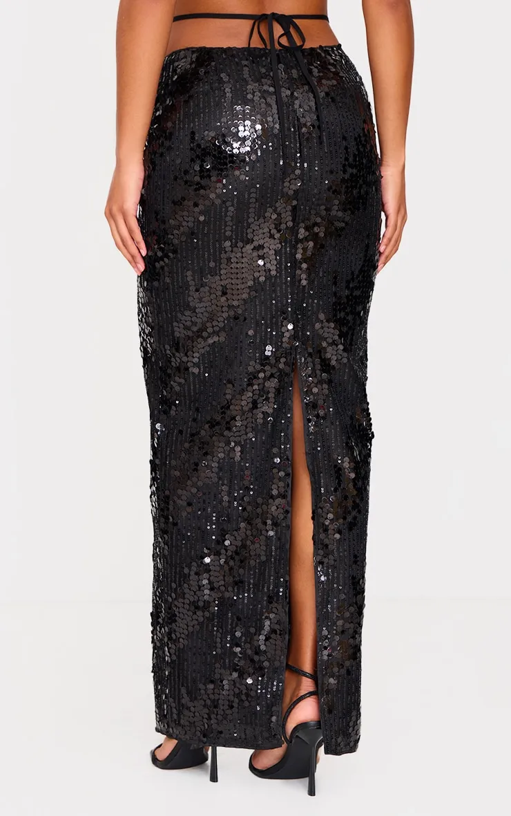 Black Sequin Low Rise Split Leg Maxi Skirt sold by Pretty Little Thing product image thumbnail 3