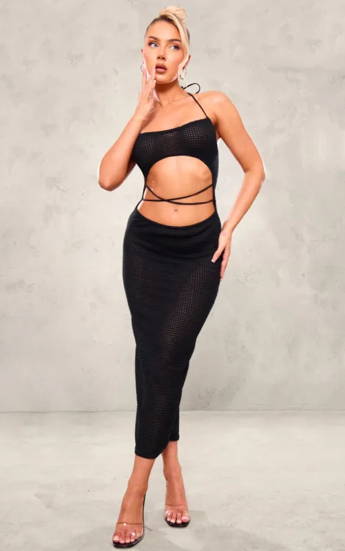 Black Textured Sheer Cross Front Halterneck Midaxi Dress sold by Pretty Little Thing