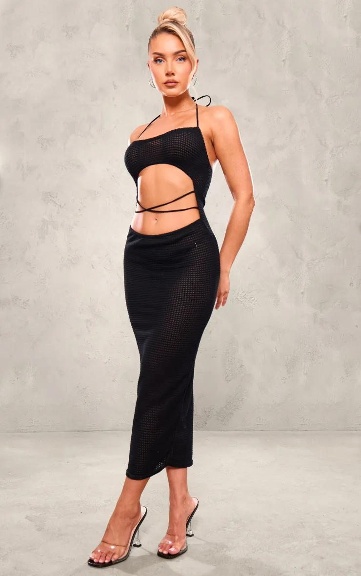 Black Textured Sheer Cross Front Halterneck Midaxi Dress sold by Pretty Little Thing product image thumbnail 3