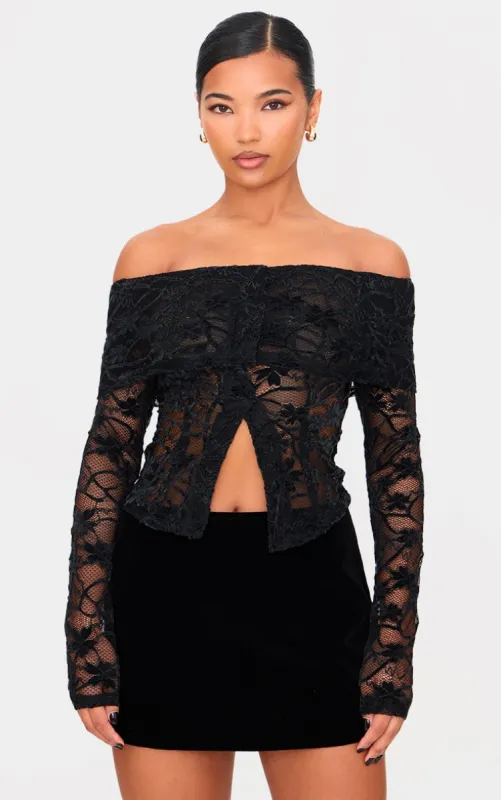 Black Lace Bardot Fold Over Spilt Hem Detail Long Sleeve Top sold by Pretty Little Thing
