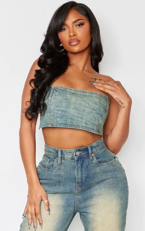 Shape Indigo Blue Wash Denim Square Bandeau Top sold by Pretty Little Thing