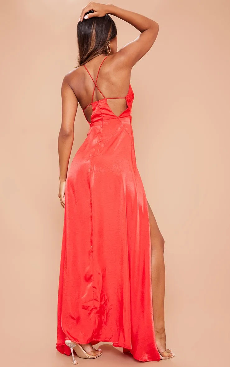 Red Extreme Split Strappy Back Maxi Dress sold by Pretty Little Thing