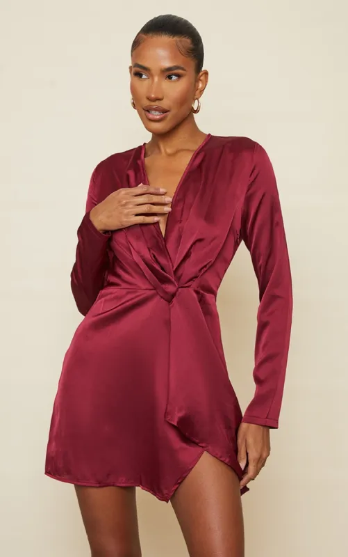 Burgundy Satin Long Sleeve Wrap Dress sold by Pretty Little Thing