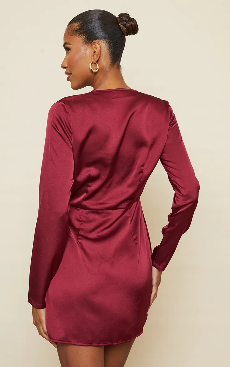 Burgundy Satin Long Sleeve Wrap Dress sold by Pretty Little Thing product image thumbnail 2