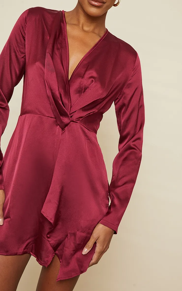 Burgundy Satin Long Sleeve Wrap Dress sold by Pretty Little Thing product image thumbnail 4