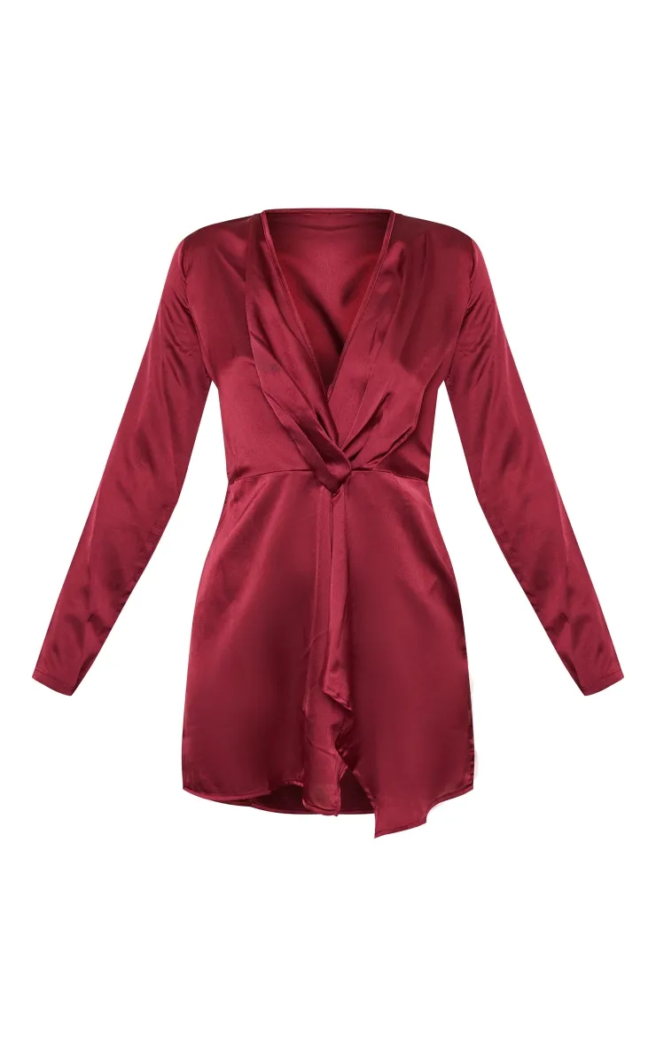 Burgundy Satin Long Sleeve Wrap Dress sold by Pretty Little Thing product image thumbnail 5
