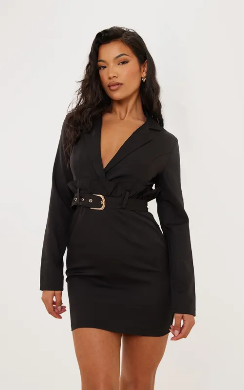 Black Frill Waist Belted Blazer Dress sold by Pretty Little Thing