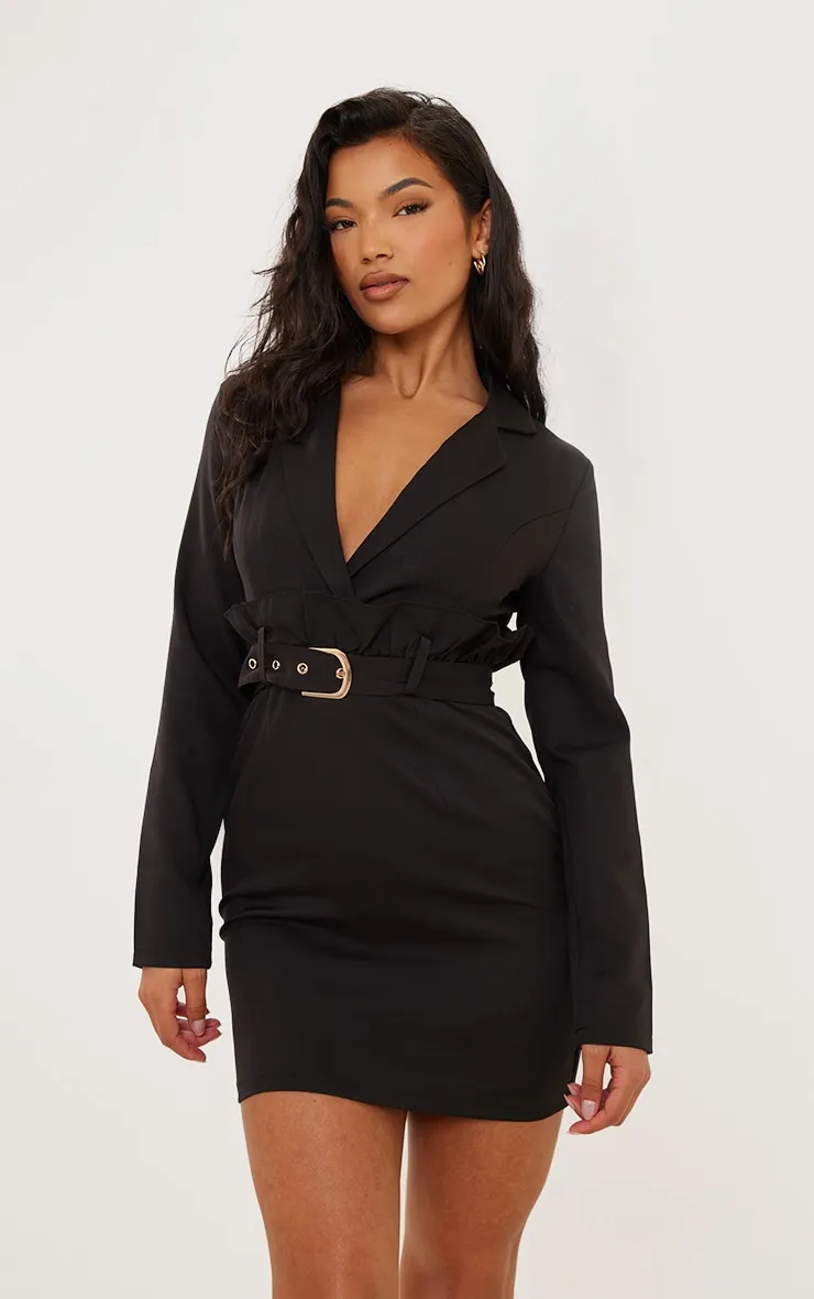 Black Frill Waist Belted Blazer Dress sold by Pretty Little Thing