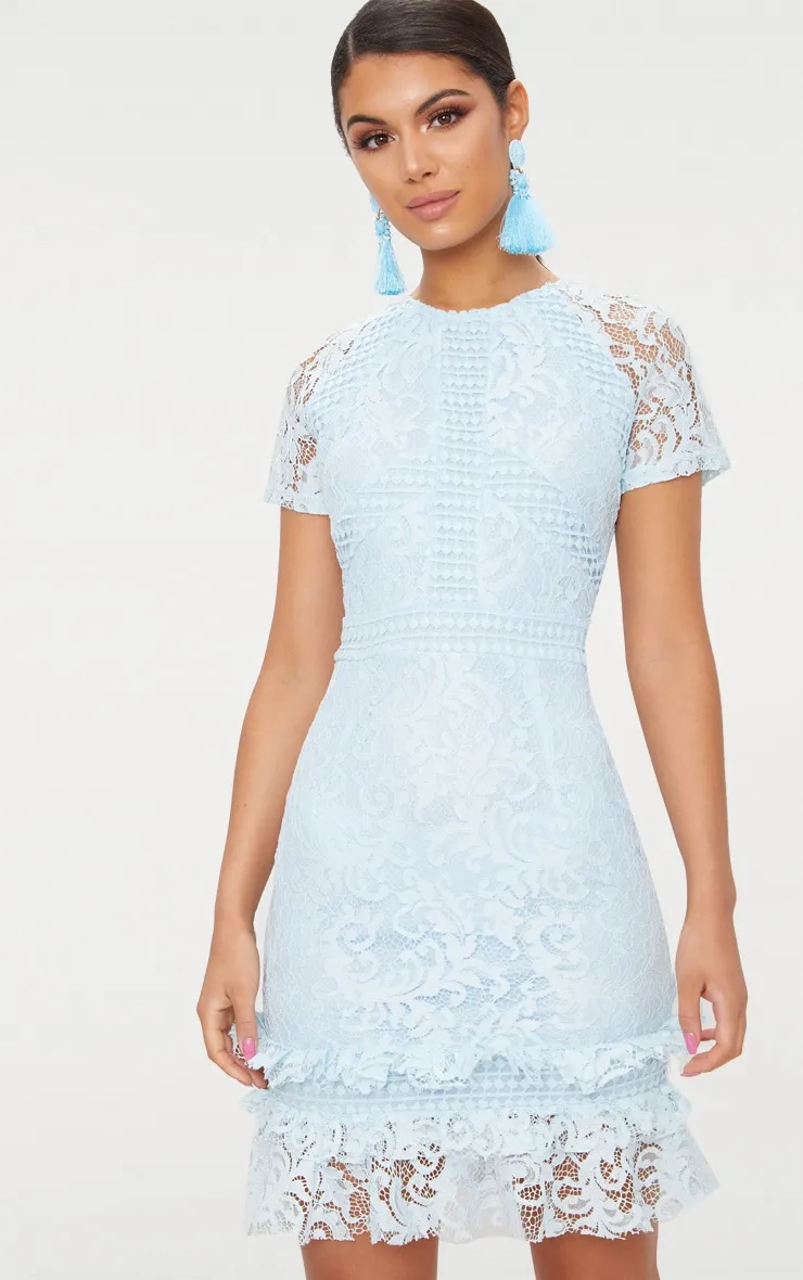 Dusty Blue Frill Hem Lace Bodycon Dress sold by Pretty Little Thing product image thumbnail 4