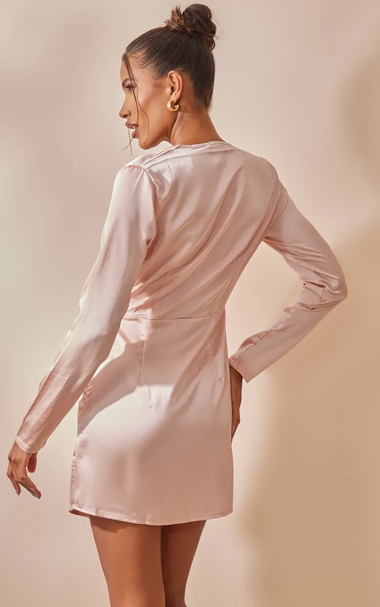 Nude Satin Long Sleeve Wrap Dress sold by Pretty Little Thing product image thumbnail 2